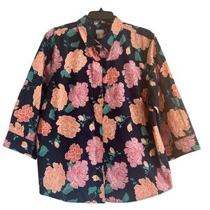 Chico's Crisp 100% Cotton Black Short Sleeve Blouse with Multicolor Floral Print